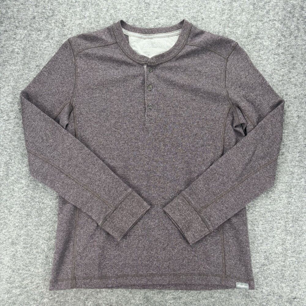 Eddie Bauer Mens M Henley Shirt Long Sleeve Waffle Knit Brown Heather Cotton
